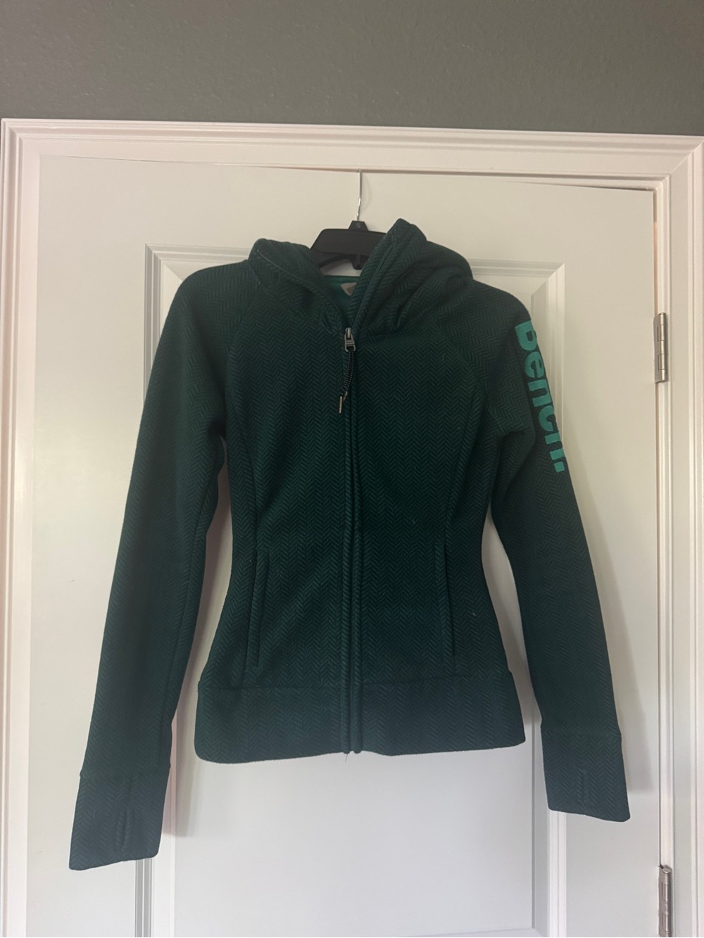 Bench Women's Forest Green Hooded Zip Jacket with Logo Sleeve - layering for ski